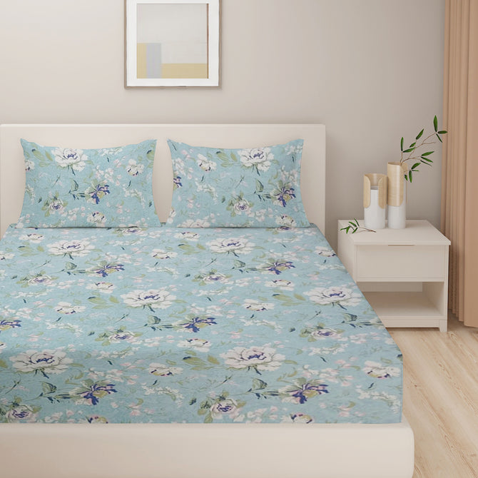 Sky Blue Blossom - Serene Floral 144TC Roto Cotton Bedsheet Set