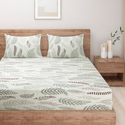 Green grey cotton bedsheet, brown leaf pattern bedding, 160TC nature-inspired linen, red accent bedspread, neutral large pattern sheets, botanical bedroom decor, mix and match bed set, arboreal design textiles, comfortable breathable cotton, peaceful sleep environment, durable floral bed linen.