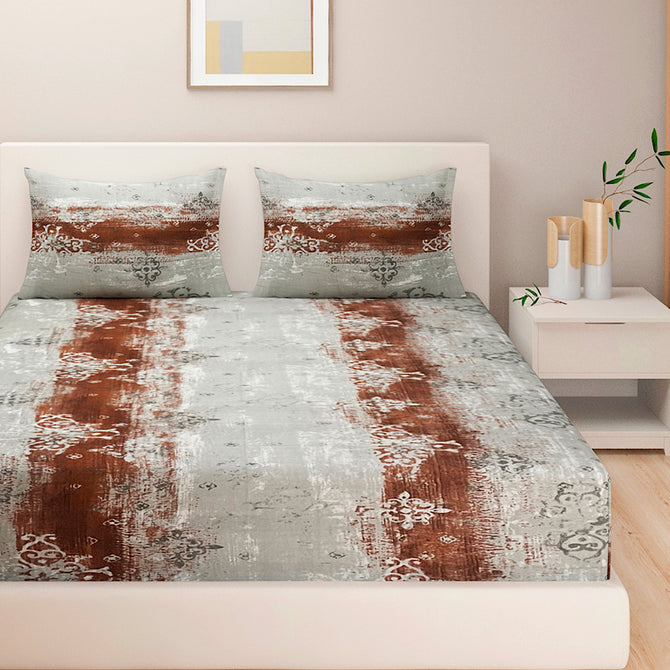 Rustic cotton bedsheet, ethnic motif bedding, 160TC earthy bed linen, brown rust patterned bedspread, multicolor ethnic design, earthen bedroom decor, large pattern sheets, abstract artisan textiles, comfortable cotton bed set, breathable rustic bed linen, traditional patterned bedding.