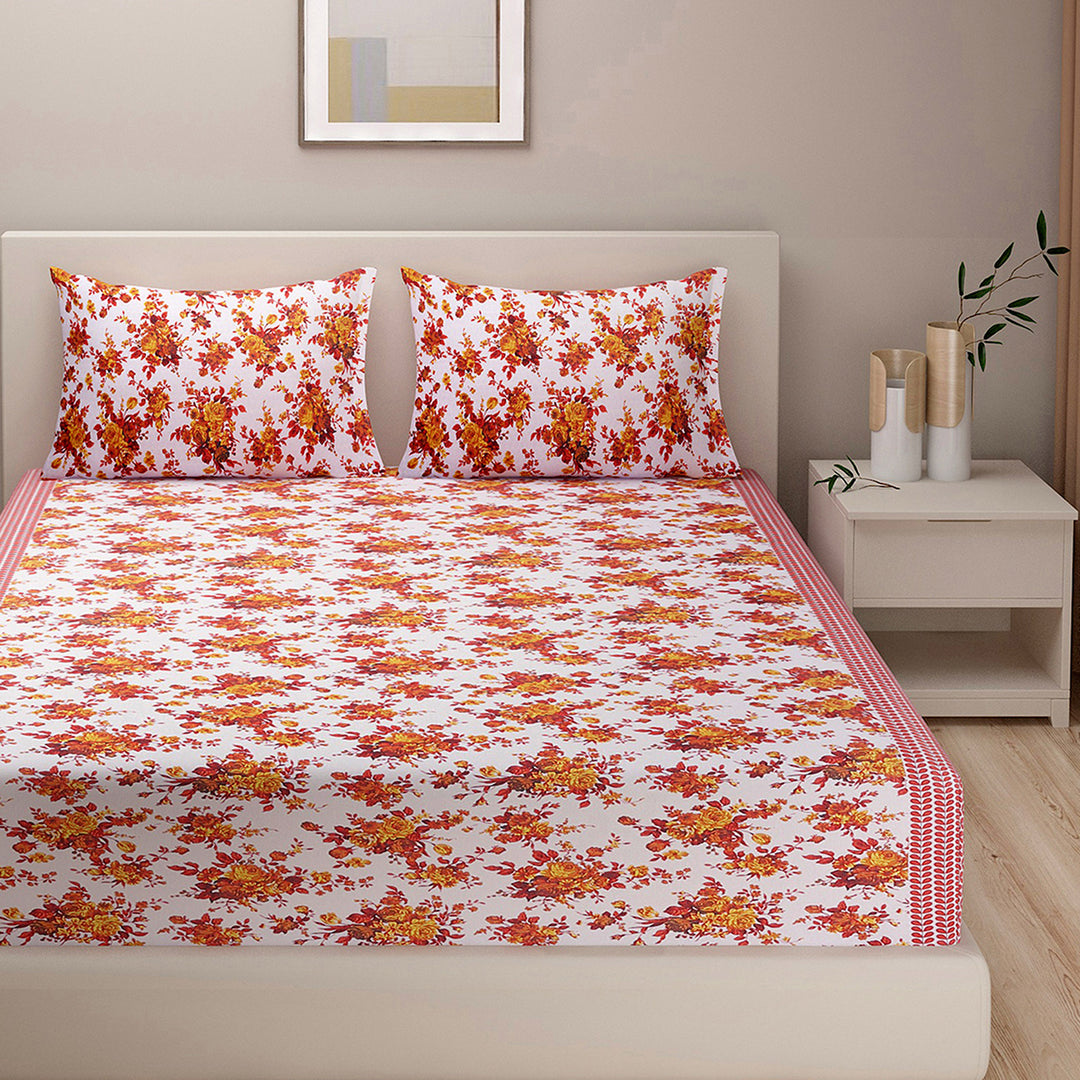 160TC bedding, 100% cotton comfort, vibrant floral print, red floral bedding, yellow accent decor, white cotton sheets, bold bedroom colors, fresh floral design, romantic bedspread, cozy and soft sheets, durable fabric, home decor textiles, bedroom style accents, lively bedroom pattern, cheerful home linen, luxury sleep experience, quality bed linens, statement bedding, botanical bedroom theme, lush floral aesthetic, stylish bed makeover
