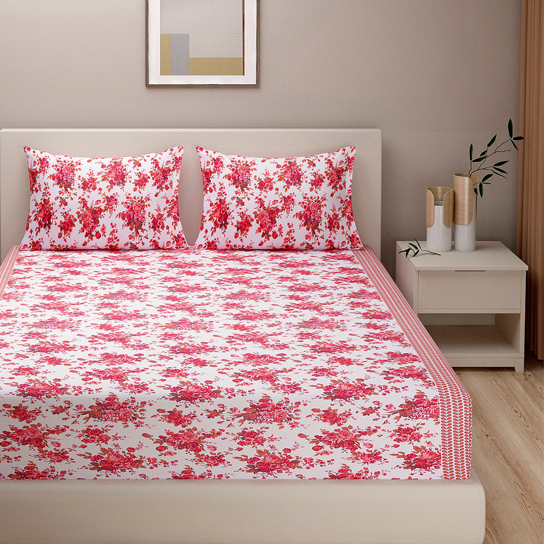 160TC bedding, 100% cotton comfort, vibrant floral print, red floral bedding, yellow accent decor, white cotton sheets, bold bedroom colors, fresh floral design, romantic bedspread, cozy and soft sheets, durable fabric, home decor textiles, bedroom style accents, lively bedroom pattern, cheerful home linen, luxury sleep experience, quality bed linens, statement bedding, botanical bedroom theme, lush floral aesthetic, stylish bed makeover
