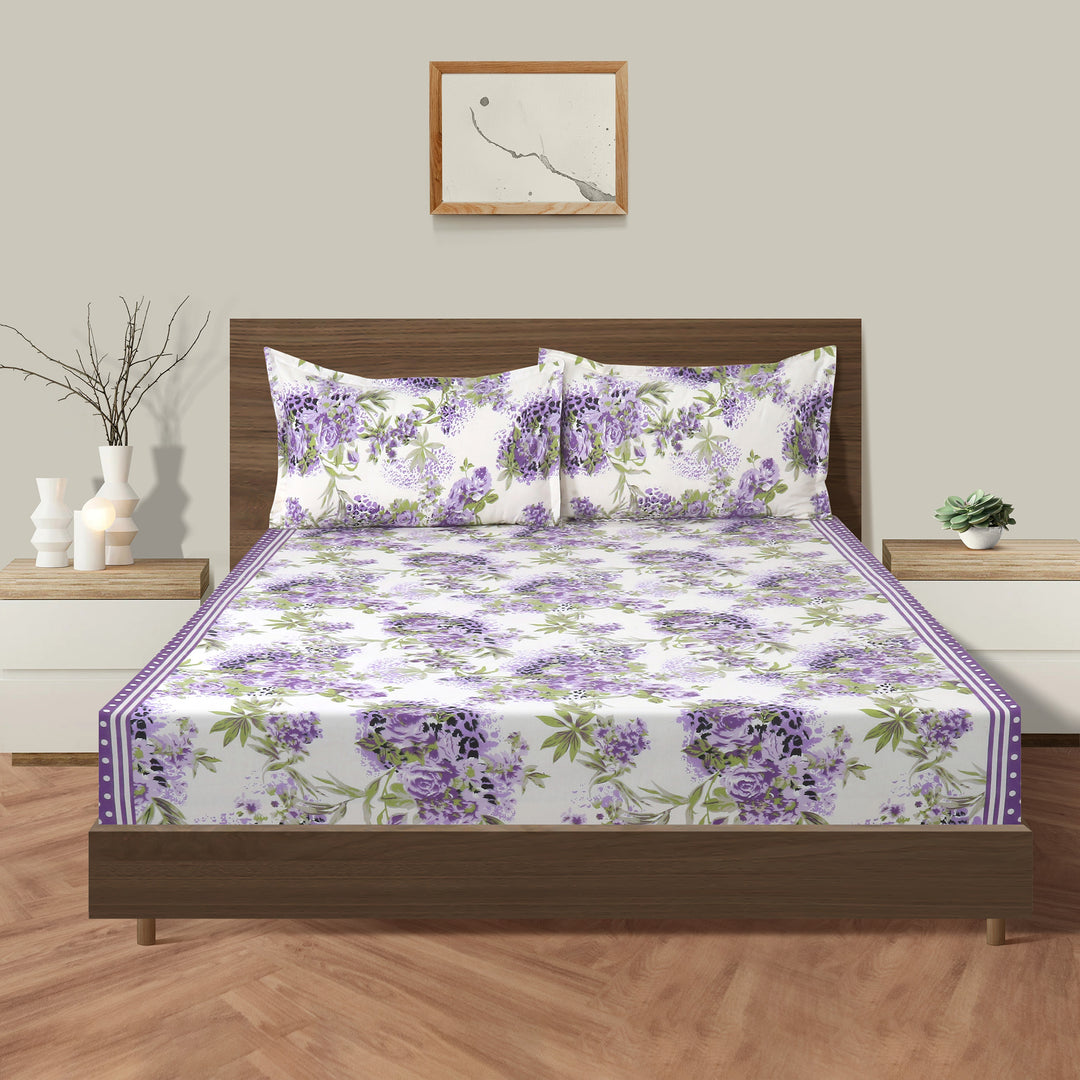 Whispering Lilacs bedding, 160TC purple garden bedspread, floral mix n match sheets, 100% cotton floral bedding, purple white green bedroom, violet grape comforter, luxurious cotton duvet, hypoallergenic floral linen, spring bloom bed set, vibrant bedroom decor, botanical print bedding, serene garden theme, elegant floral patterns, cozy bedroom textiles, high-quality cotton fabric, comfortable and breathable, botanical bedroom aesthetics, lilac-inspired bedding collection, nature-themed sleep sanctuary