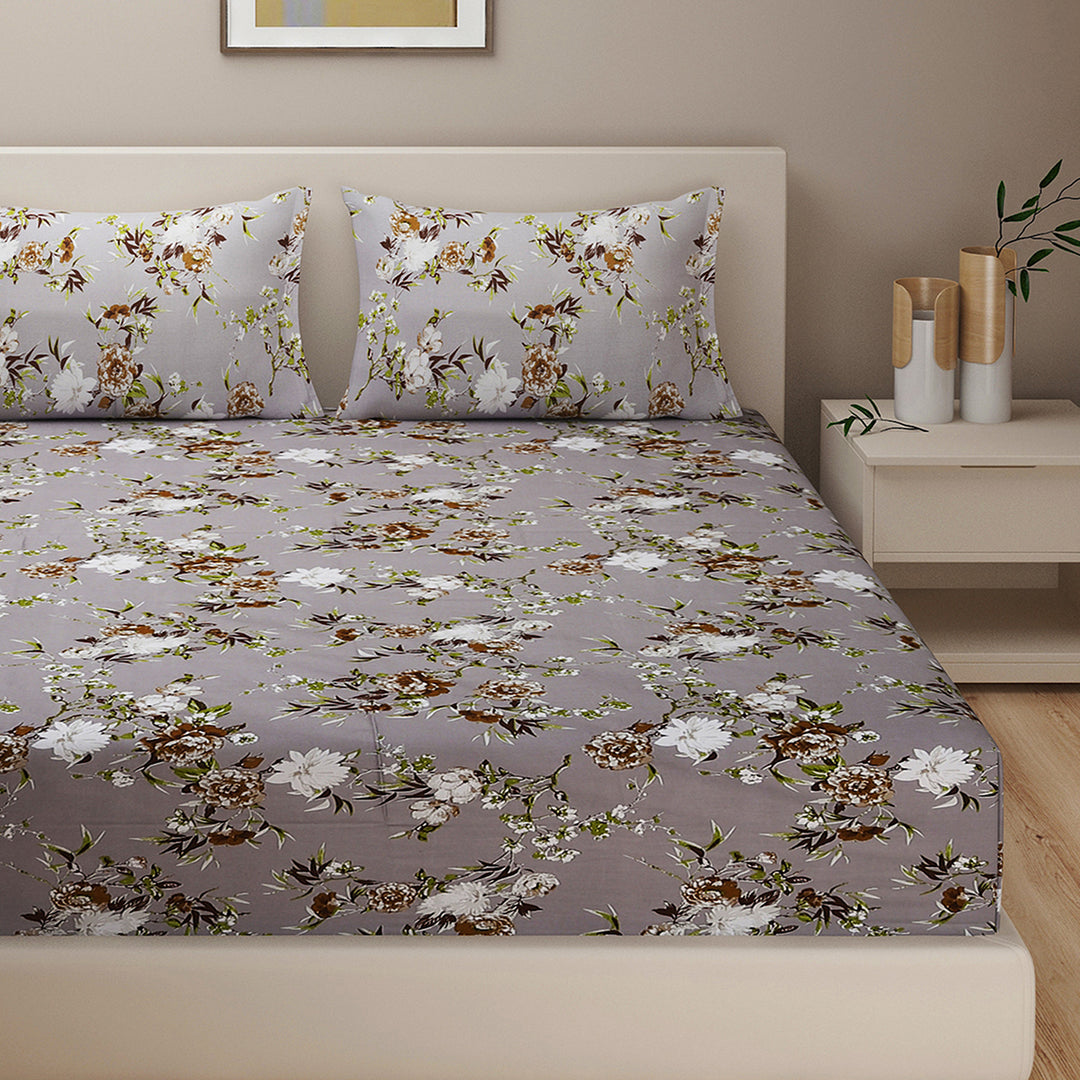 Chrysanthemum Charm 250TC Grey Cotton Satin Bedsheet Set