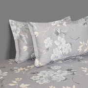 Champa flower bedding, grey cotton satin, 250 thread count luxury, floral pattern sheets, hypoallergenic duvet cover, nature-inspired bed set, soothing bedroom decor, premium quality linens, elegant botanical design, all-season comforter.