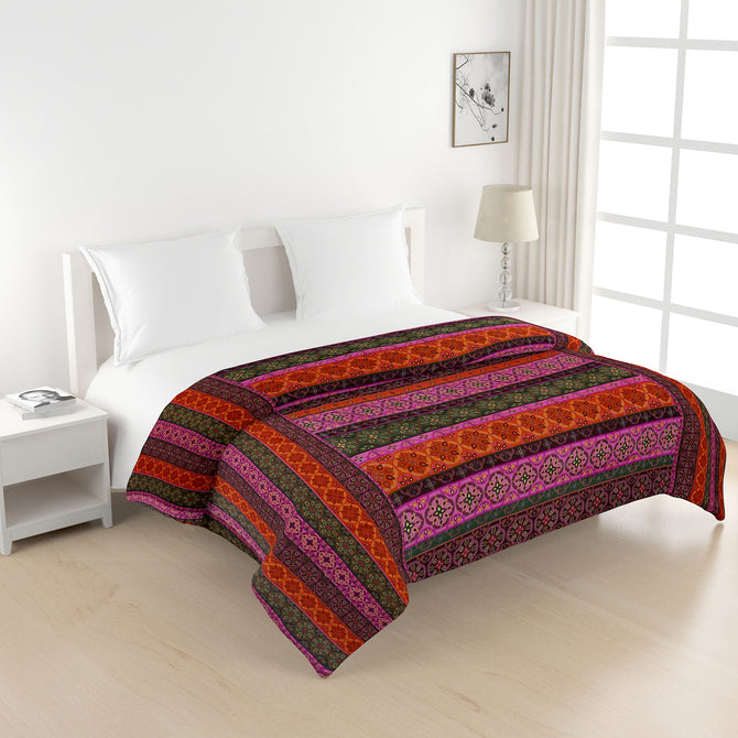 Ethnic cotton bedsheet, 200 thread count, vibrant bed linen, bohemian bedroom decor, artisanal bedding, mix and match patterns, gemstone hues bedspread, red orange green blue bedding, multicultural design, small print textiles, handcrafted look, pure cotton comfort, bright bedroom aesthetics, eclectic home style.