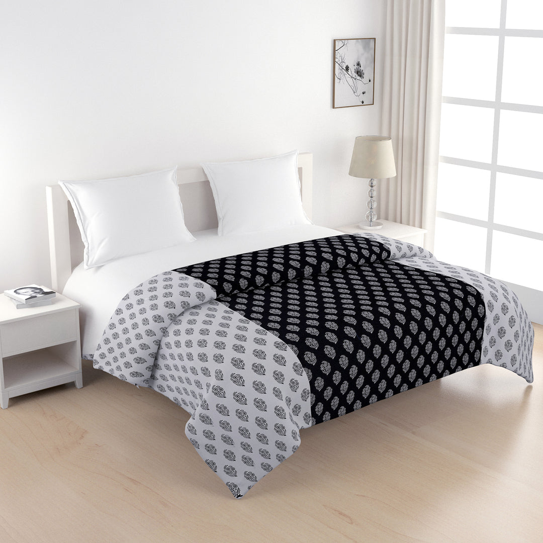 Black and white bedsheet, 200TC cotton set, ethnic buti print bedding, mix and match bedspread, classic cotton sheets, off-white ethnic pattern, complementary duo bed linens, small pattern bedroom design, modern traditional bed decor, artisanal print bed set, chic cotton comfort, sophisticated home textiles.