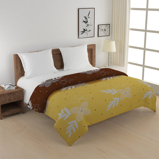 sublime morning bedding, 250TC cotton satin sheets, leafy floral bedspread, yellow and brown bedding set, luxurious cotton satin bed linen, earthy morning design, yellow and brown bedding, serene sunrise bedspread, natural look bedding, high-quality cotton satin bedding, nature-inspired bed linen, stylish bedroom design, elegant bed linen set