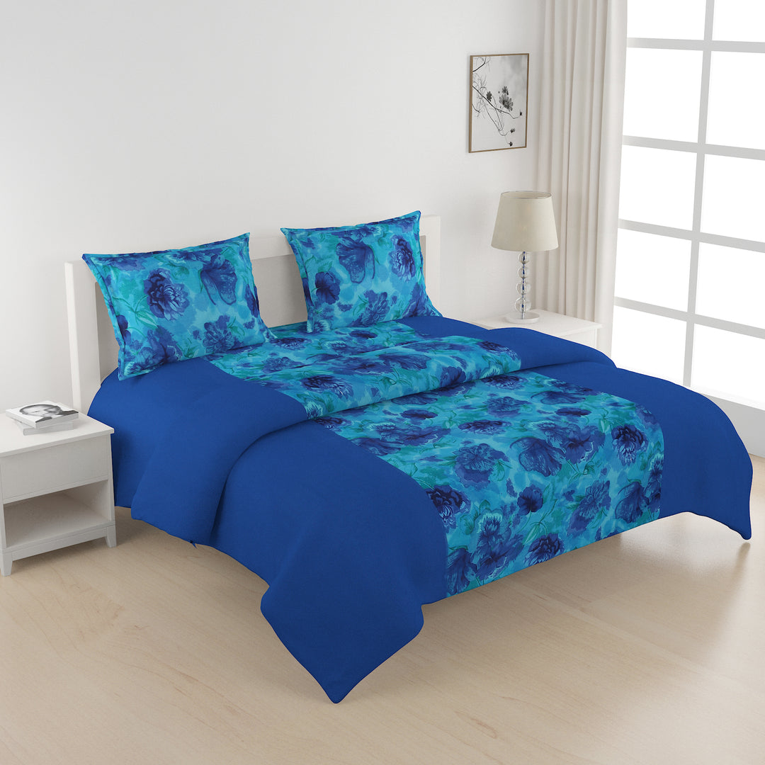 Blue valentine bedsheet set, ocean-themed cotton bedding, 200 thread count luxury sheets, nautical floral bed linens, deep blue bedspread, marine life bedroom decor, elegant floral pattern sheets, romantic bed set, serene ocean bedding, navy blue cotton comfort, underwater botanical design.