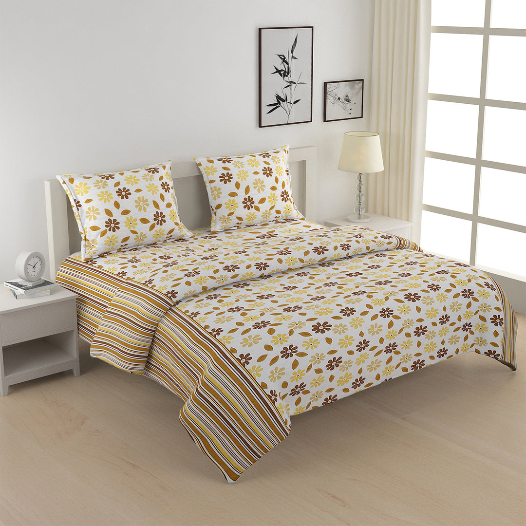 cheerful yellow bedding, daisy print bed set, soft cotton sheets, sunny bedroom design, hypoallergenic bedding, all-season comforter, vibrant floral pattern, quality cotton bedding, 160 thread count luxury, fresh spring bedroom style, bright and bold bed linen.