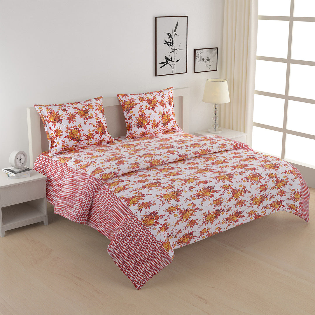 160TC bedding, 100% cotton comfort, vibrant floral print, red floral bedding, yellow accent decor, white cotton sheets, bold bedroom colors, fresh floral design, romantic bedspread, cozy and soft sheets, durable fabric, home decor textiles, bedroom style accents, lively bedroom pattern, cheerful home linen, luxury sleep experience, quality bed linens, statement bedding, botanical bedroom theme, lush floral aesthetic, stylish bed makeover
