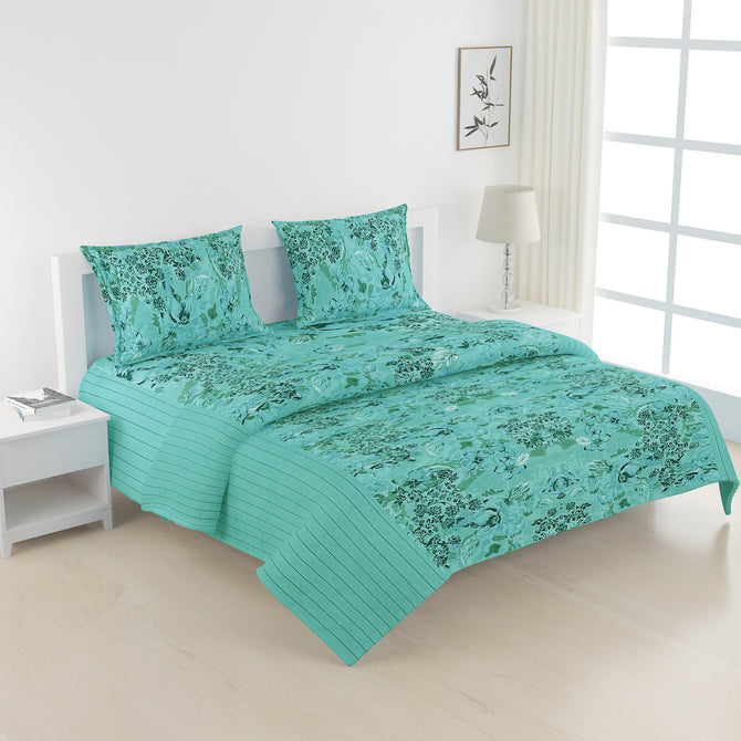 Aqua Florals bedding, sea garden bedspread, 160TC floral sheets, oceanic blue florals, striped green bedding, 100% cotton sea life comforter, hypoallergenic floral bed set, sea coral patterns, undersea themed bedroom, tranquil ocean decor, marine life duvet cover, botanical sea design, comfortable cotton bed linens, soothing bedroom textiles, high-quality cotton material, mesmerizing underwater print, cozy marine ecosystem theme, vibrant coral reef bedding, soothing sea life patterns.