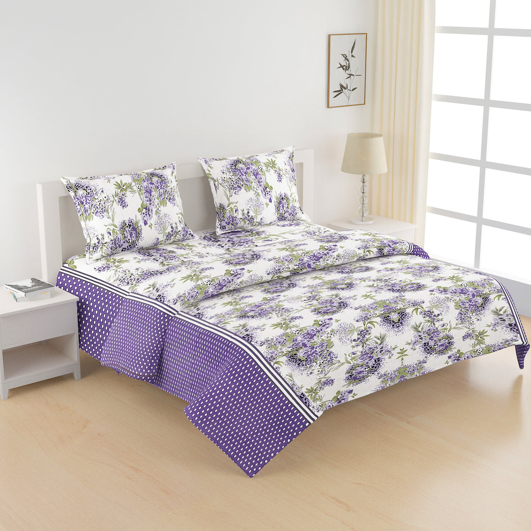 Whispering Lilacs bedding, 160TC purple garden bedspread, floral mix n match sheets, 100% cotton floral bedding, purple white green bedroom, violet grape comforter, luxurious cotton duvet, hypoallergenic floral linen, spring bloom bed set, vibrant bedroom decor, botanical print bedding, serene garden theme, elegant floral patterns, cozy bedroom textiles, high-quality cotton fabric, comfortable and breathable, botanical bedroom aesthetics, lilac-inspired bedding collection, nature-themed sleep sanctuary