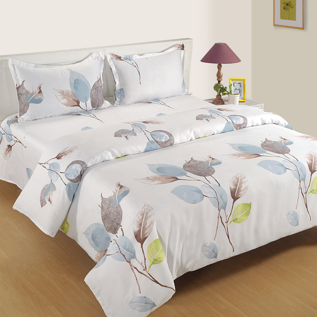 autumn leaf bedding, 250TC cotton satin bedspread, floral leaf design sheets, white and brown bedding, elegant bedroom decor, luxurious cotton satin bed linen, leafy autumn pattern, serene bedroom textiles, minimalistic nature design, high-quality cotton sheets, stylish floral bedding, peaceful sleep environment