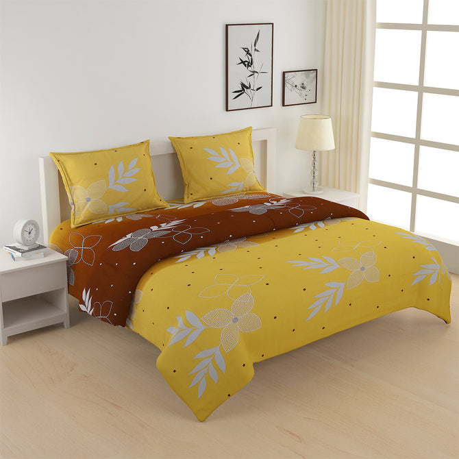 sublime morning bedding, 250TC cotton satin sheets, leafy floral bedspread, yellow and brown bedding set, luxurious cotton satin bed linen, earthy morning design, yellow and brown bedding, serene sunrise bedspread, natural look bedding, high-quality cotton satin bedding, nature-inspired bed linen, stylish bedroom design, elegant bed linen set