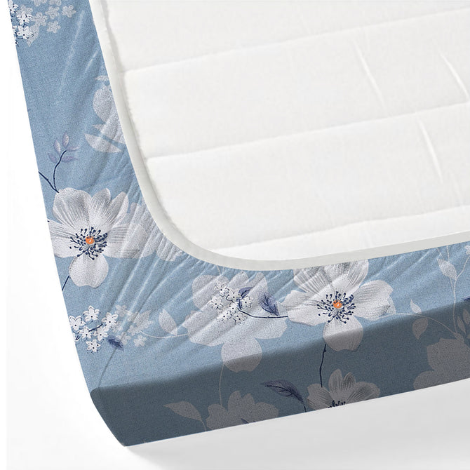 Sky Blue Blossoms 144TC Roto Cotton Bedsheet Set