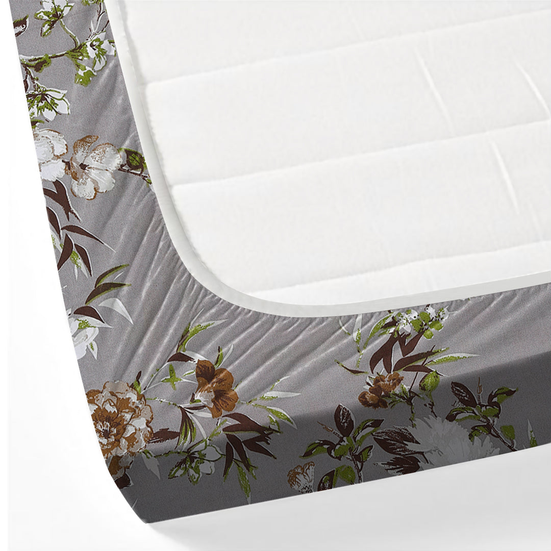 Chrysanthemum Charm 250TC Grey Cotton Satin Bedsheet Set