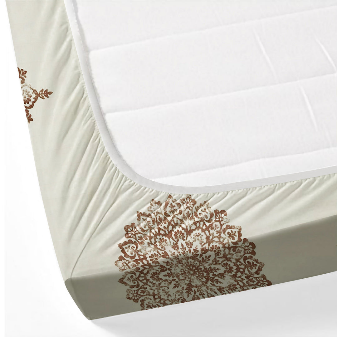 Mandala Muse 250TC Off-White Cotton Satin Bedsheet Set