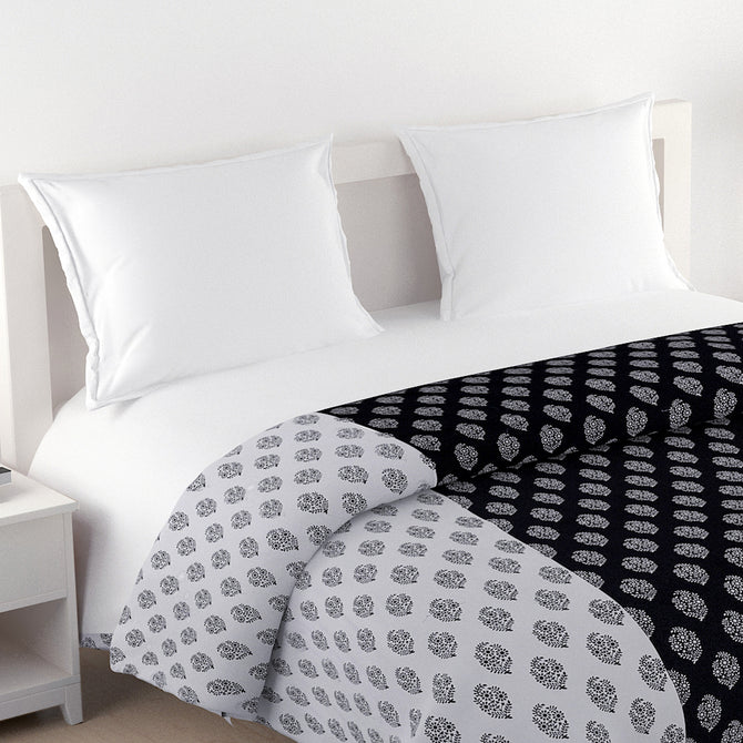 Black and white bedsheet, 200TC cotton set, ethnic buti print bedding, mix and match bedspread, classic cotton sheets, off-white ethnic pattern, complementary duo bed linens, small pattern bedroom design, modern traditional bed decor, artisanal print bed set, chic cotton comfort, sophisticated home textiles.