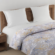 artistic butterfly bedding, 250TC cotton satin sheets, bold floral bedspread, grey and blue bedding set, luxurious cotton satin bed linen, vibrant butterfly design, blue and orange bedding, muted grey floral sheets, contemporary bedroom decor, high-quality cotton satin bedding, artistic motifs bedspread, stylish bedroom design, bold and elegant bed linen