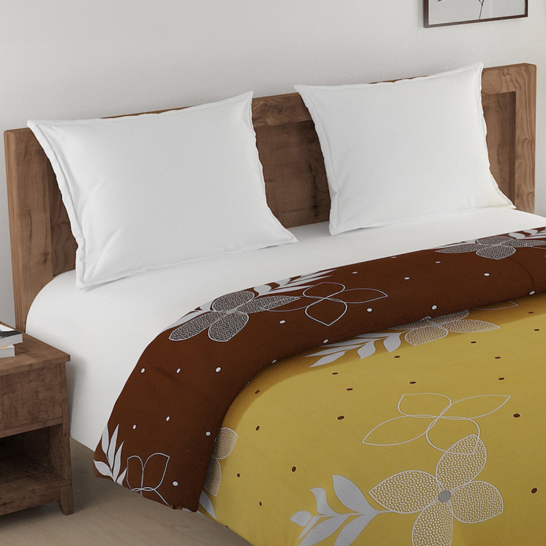 sublime morning bedding, 250TC cotton satin sheets, leafy floral bedspread, yellow and brown bedding set, luxurious cotton satin bed linen, earthy morning design, yellow and brown bedding, serene sunrise bedspread, natural look bedding, high-quality cotton satin bedding, nature-inspired bed linen, stylish bedroom design, elegant bed linen set