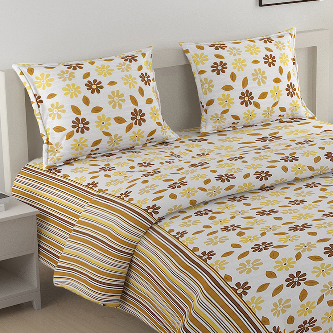 cheerful yellow bedding, daisy print bed set, soft cotton sheets, sunny bedroom design, hypoallergenic bedding, all-season comforter, vibrant floral pattern, quality cotton bedding, 160 thread count luxury, fresh spring bedroom style, bright and bold bed linen.