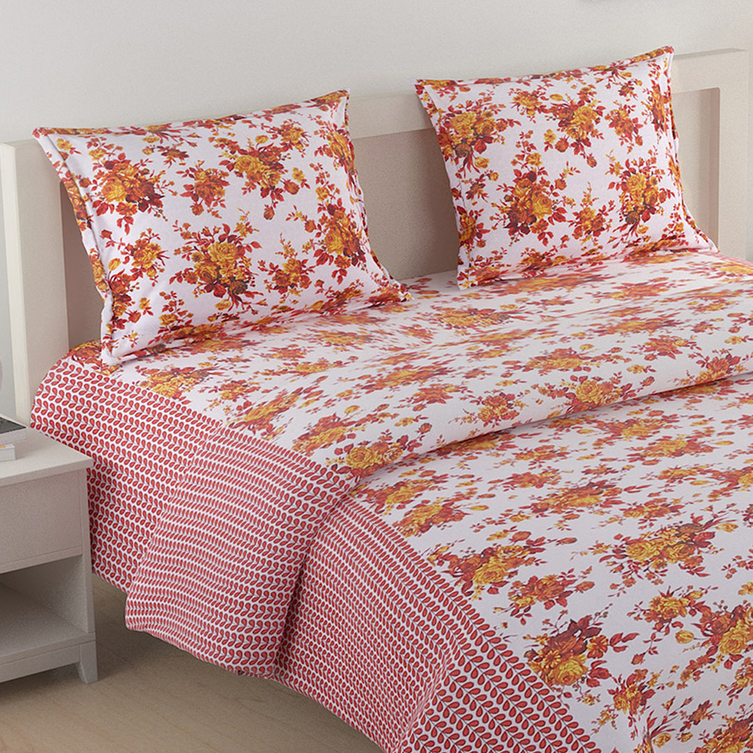 160TC bedding, 100% cotton comfort, vibrant floral print, red floral bedding, yellow accent decor, white cotton sheets, bold bedroom colors, fresh floral design, romantic bedspread, cozy and soft sheets, durable fabric, home decor textiles, bedroom style accents, lively bedroom pattern, cheerful home linen, luxury sleep experience, quality bed linens, statement bedding, botanical bedroom theme, lush floral aesthetic, stylish bed makeover
