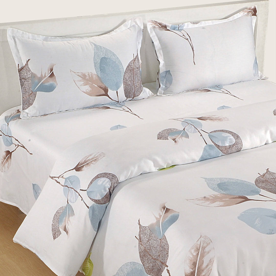 autumn leaf bedding, 250TC cotton satin bedspread, floral leaf design sheets, white and brown bedding, elegant bedroom decor, luxurious cotton satin bed linen, leafy autumn pattern, serene bedroom textiles, minimalistic nature design, high-quality cotton sheets, stylish floral bedding, peaceful sleep environment