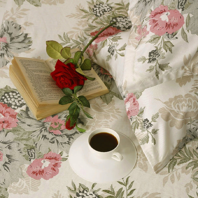 
"floral bedding set, cotton satin sheets, pink beige bedroom, luxury bed linen, garden-inspired duvet cover, premium satin bedding, peaceful sleep sanctuary, elegant floral pattern, soft color palette, chic home textiles, serene bedroom design, blossoming bedspread, high thread count comfort, classic bedroom elegance, stylish floral comforter"