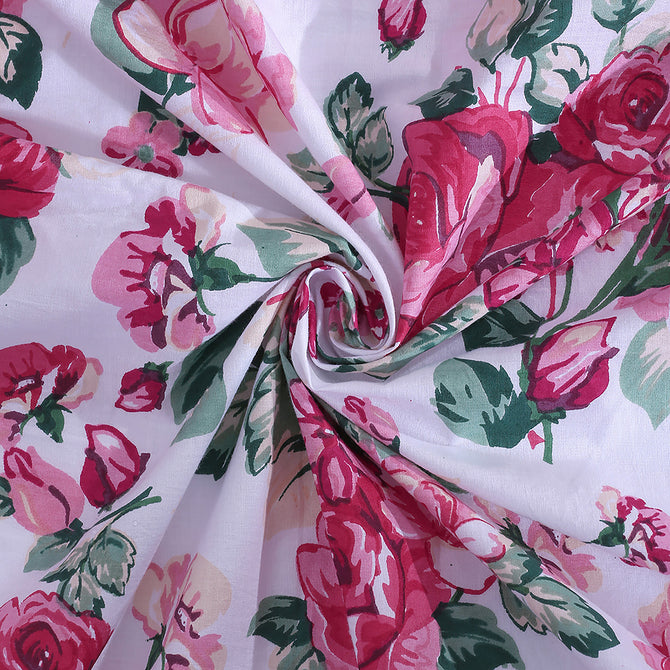 floral cotton bedsheet, chic floral design, pure cotton bedding, vibrant bed linen, rose pattern bedsheet, luxury floral bedspread, crisp white cotton, bedroom decor blooms, botanical print sheets, elegant rose bedding, stylish crimson edge linen, soft bed decor, tranquil floral sleepwear, lush garden bedsheet