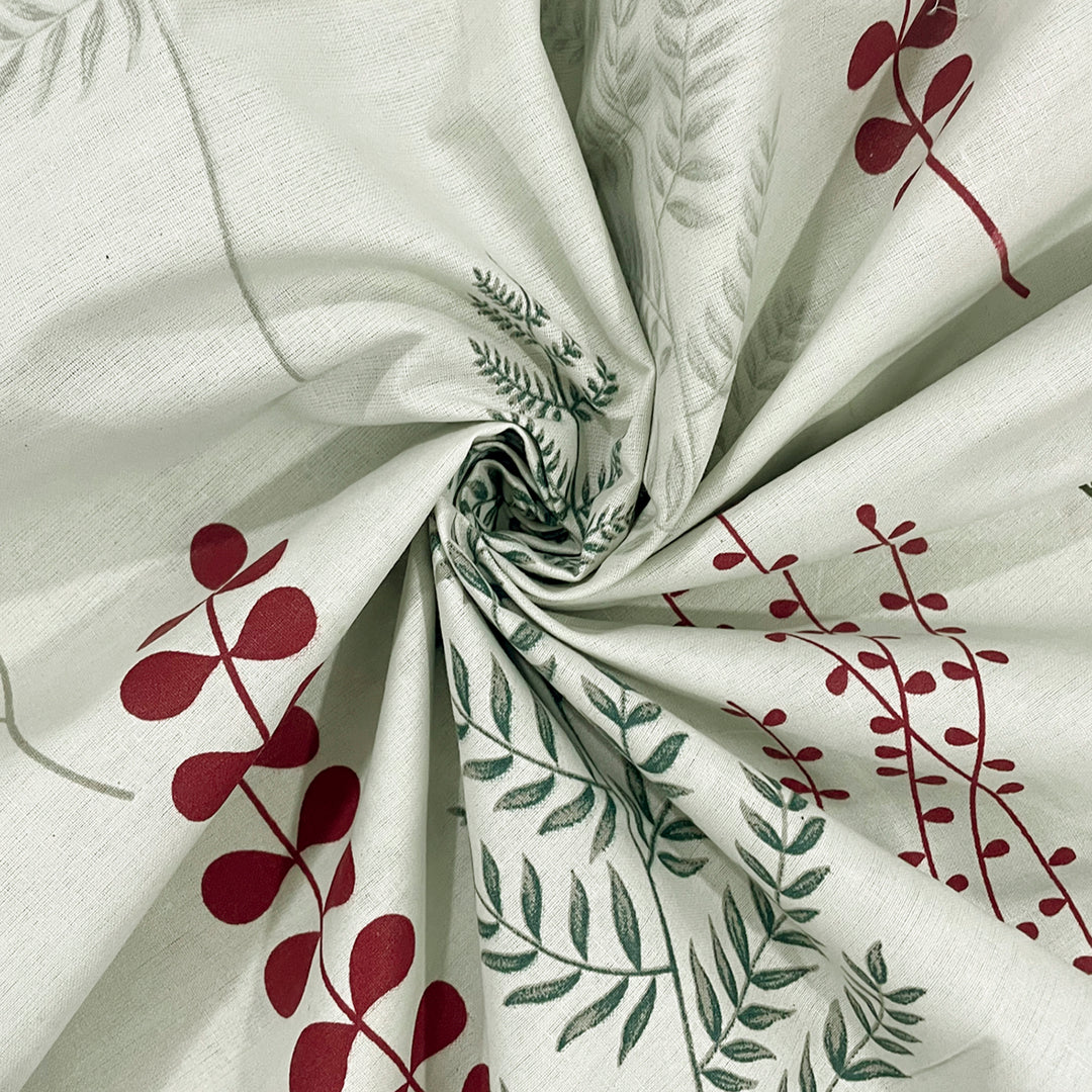 Green grey cotton bedsheet, brown leaf pattern bedding, 160TC nature-inspired linen, red accent bedspread, neutral large pattern sheets, botanical bedroom decor, mix and match bed set, arboreal design textiles, comfortable breathable cotton, peaceful sleep environment, durable floral bed linen.