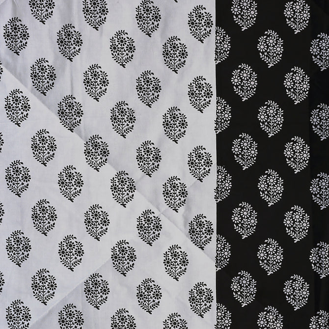 Black and white bedsheet, 200TC cotton set, ethnic buti print bedding, mix and match bedspread, classic cotton sheets, off-white ethnic pattern, complementary duo bed linens, small pattern bedroom design, modern traditional bed decor, artisanal print bed set, chic cotton comfort, sophisticated home textiles.