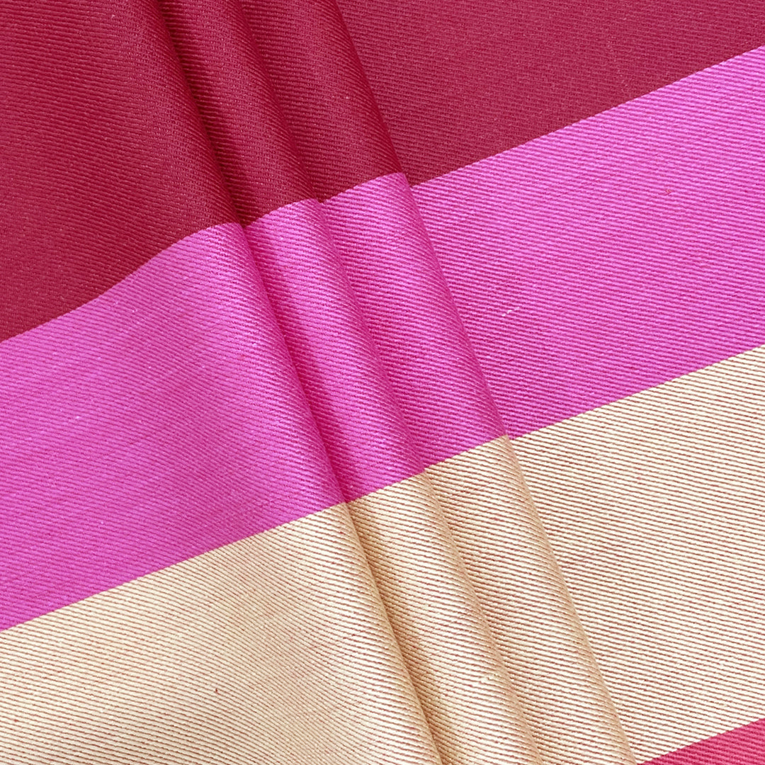 yarn-dyed cotton bedsheet, striped pink bedding, magenta stripe design, luxurious pink linen, beige accent bedspread, high thread count sheets, durable yarn-dyed fabric, sophisticated bedroom stripes, elegant bed decor, premium striped pattern, chic pink bedroom style