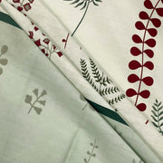 Green grey cotton bedsheet, brown leaf pattern bedding, 160TC nature-inspired linen, red accent bedspread, neutral large pattern sheets, botanical bedroom decor, mix and match bed set, arboreal design textiles, comfortable breathable cotton, peaceful sleep environment, durable floral bed linen.