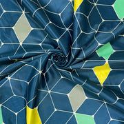 Geometric Elegance curtains, 330GSM blackout curtains, teal blue curtains, abstract geometric curtains, polyester-knitted curtains, modern home decor, vibrant curtains, 90% blackout curtains, fadeproof curtains, durable curtains, ready-to-hang curtains, stylish curtains, contemporary curtains, colorful curtains, light-blocking curtains.
